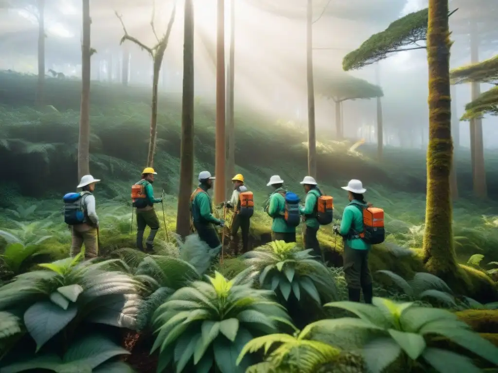 Grupo diverso de voluntarios en Uruguay, trabajando juntos en conservación de biodiversidad en un bosque exuberante