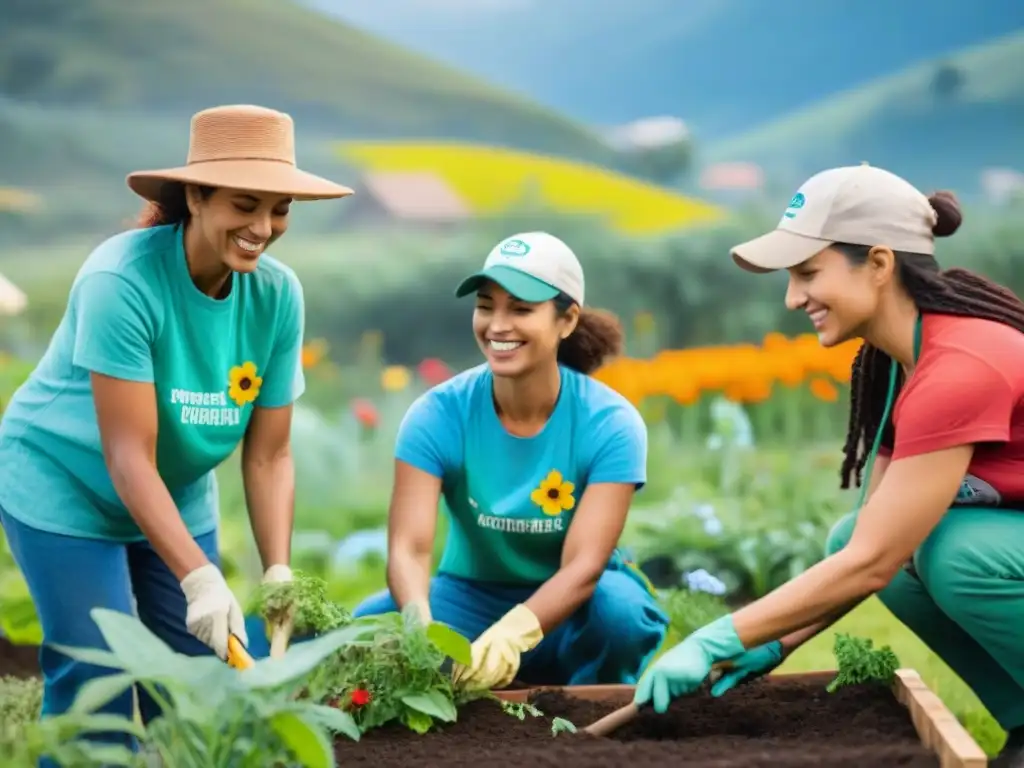 Un grupo diverso de voluntarios trabajando juntos en un jardín comunitario en Uruguay