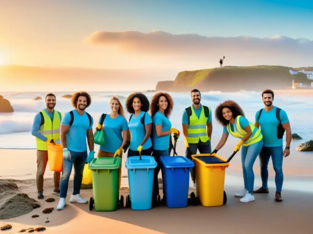 Un grupo diverso de voluntarios en Uruguay limpia una playa, con contenedores de reciclaje y el sol poniéndose sobre el mar