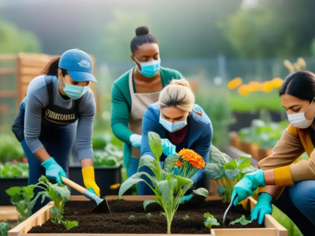 Grupo diverso de voluntarios, con mascarillas y guantes, trabajando juntos en un jardín comunitario bajo el sol brillante