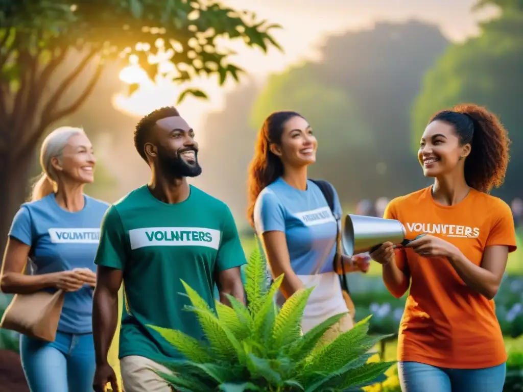 Grupo diverso de voluntarios en un parque al atardecer, promoviendo el voluntariado y la salud mental en Uruguay