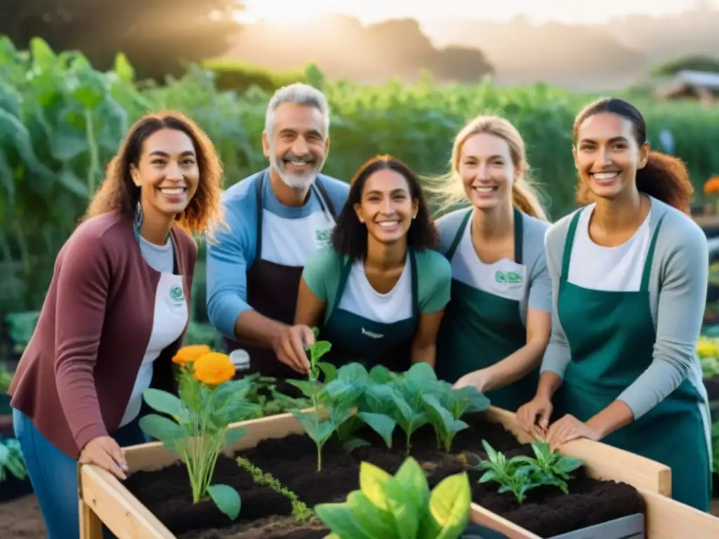 Un grupo diverso de voluntarios sonrientes de todas las edades y orígenes trabajando juntos en un jardín comunitario en Uruguay al atardecer