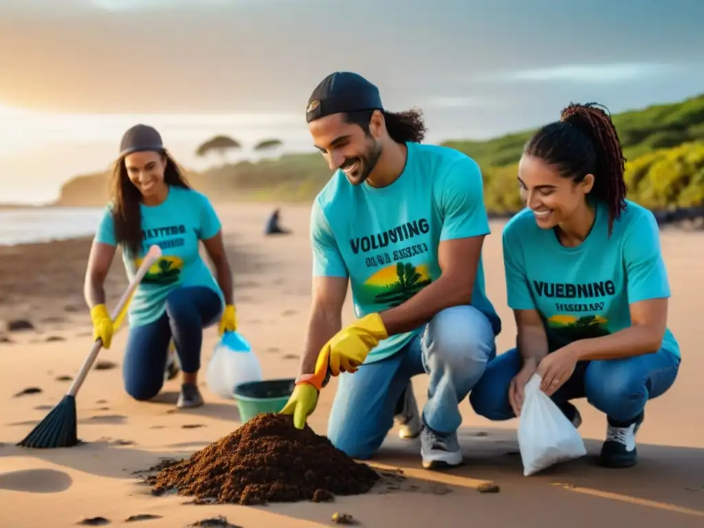 Un grupo diverso de voluntarios trabaja unido limpiando la playa al atardecer en Uruguay