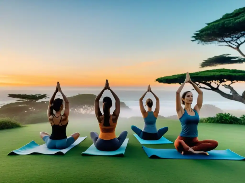 Grupo diverso practicando yoga al atardecer en un parque de Montevideo, Uruguay