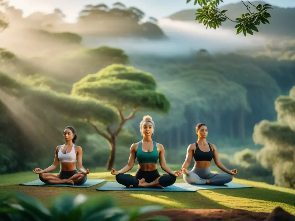 Grupo diverso practicando yoga en un bosque sereno de las Sierras Uruguayas, reflejando armonía y paz interior