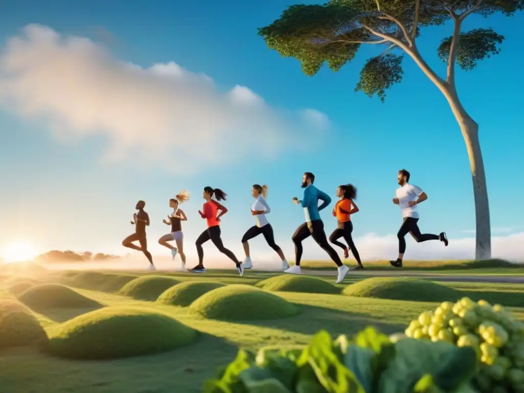 Grupo diverso en Uruguay practicando yoga, ciclismo y jogging en un parque, con aura saludable