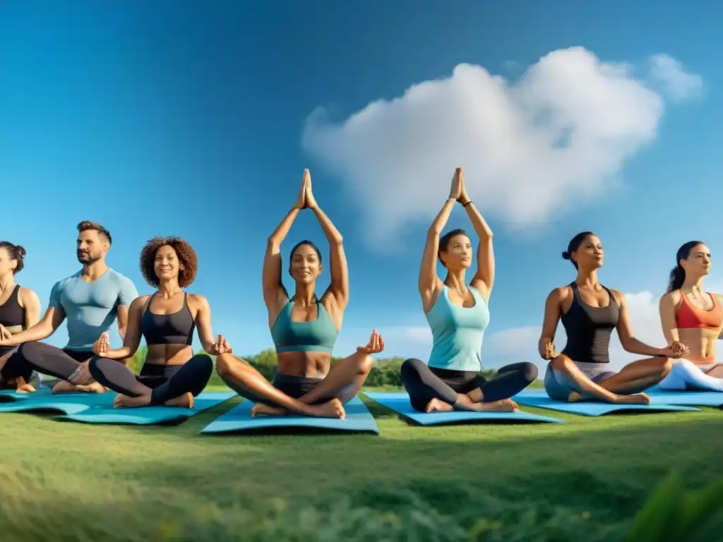 Grupo diverso disfruta de yoga y meditación en parque, transmitiendo paz y armonía