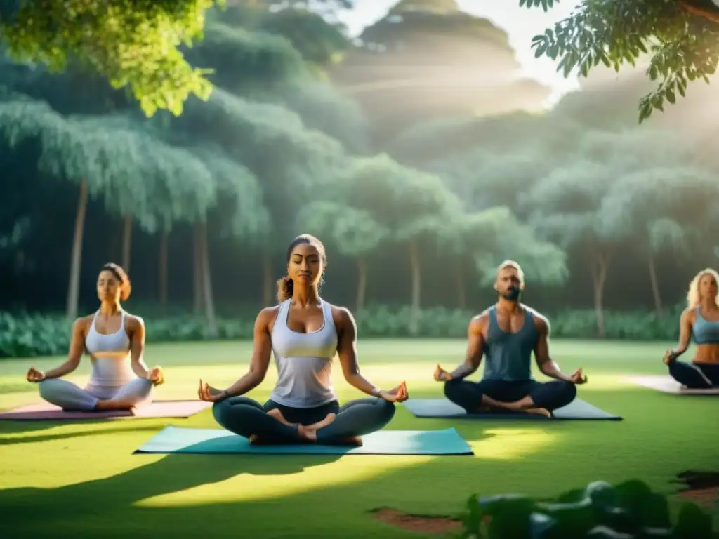 Grupo diverso practicando yoga en parque de Uruguay para combatir ansiedad y hallar equilibrio en la naturaleza