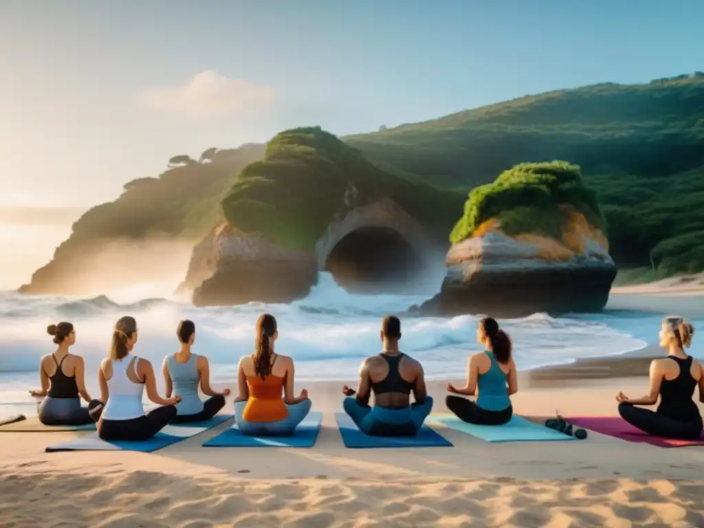 Grupo diverso practicando yoga al amanecer en la playa en Uruguay, rodeado de naturaleza exuberante y el sonido calmante de las olas del mar