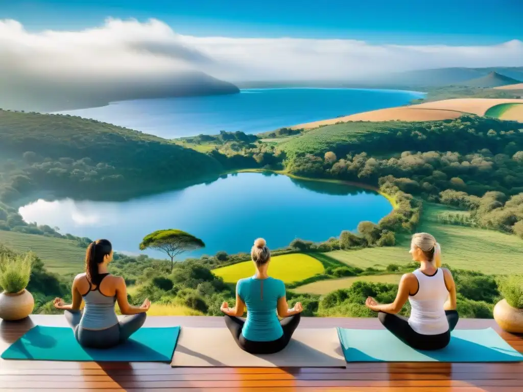 Grupo diverso practicando yoga en terraza con vista a naturaleza en Uruguay