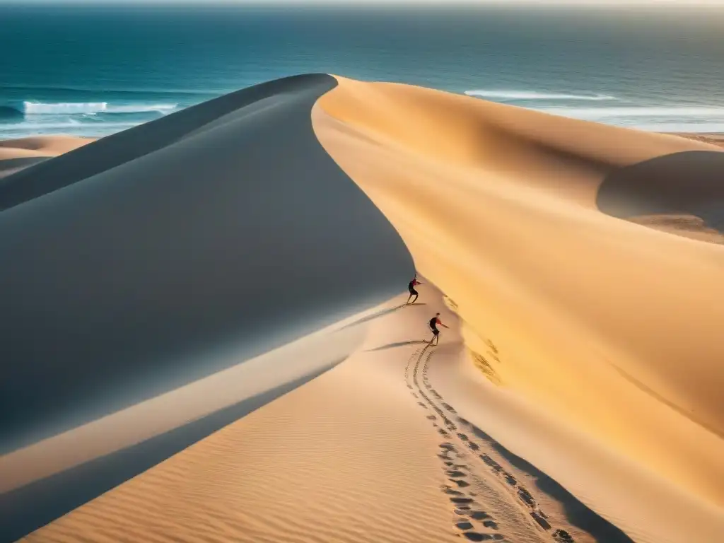 Grupo enérgico en clase fitness en dunas doradas de Valizas, Uruguay al atardecer