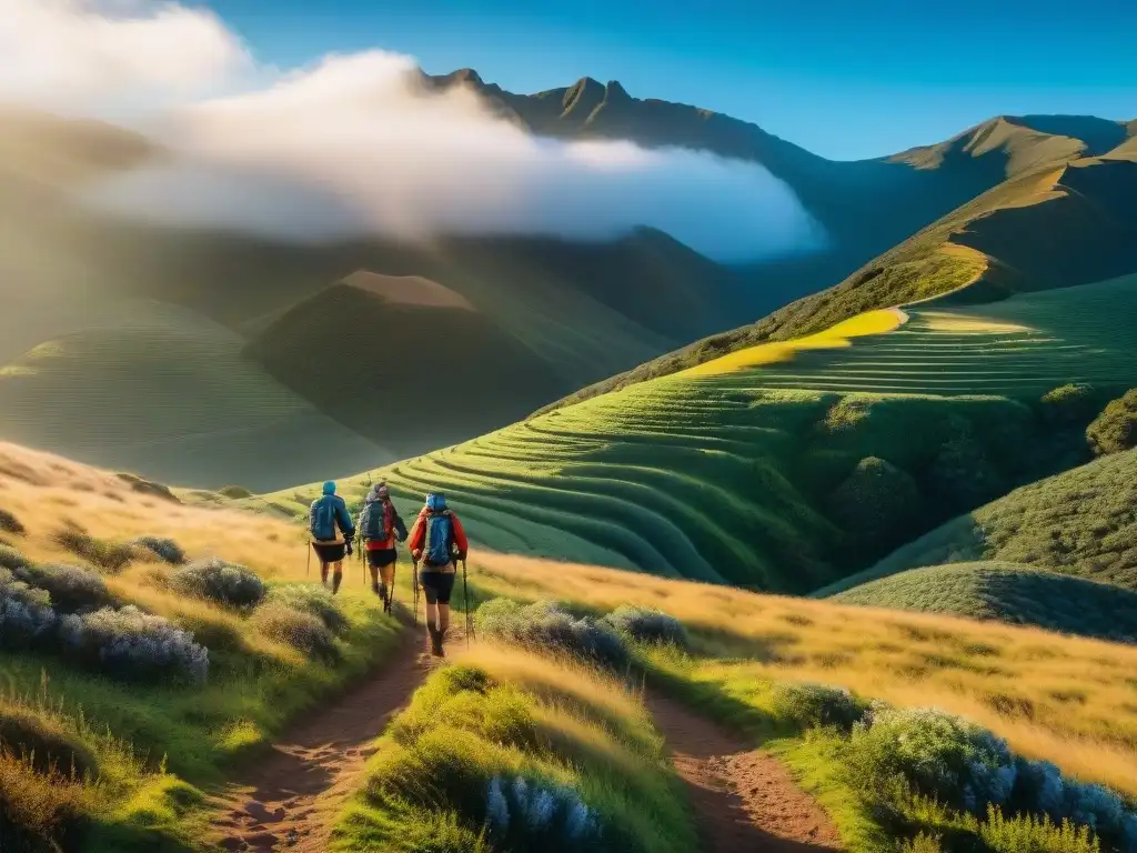 Grupo de excursionistas con wearables fitness para aventuras en Uruguay, explorando montañas verdes bajo cielo azul