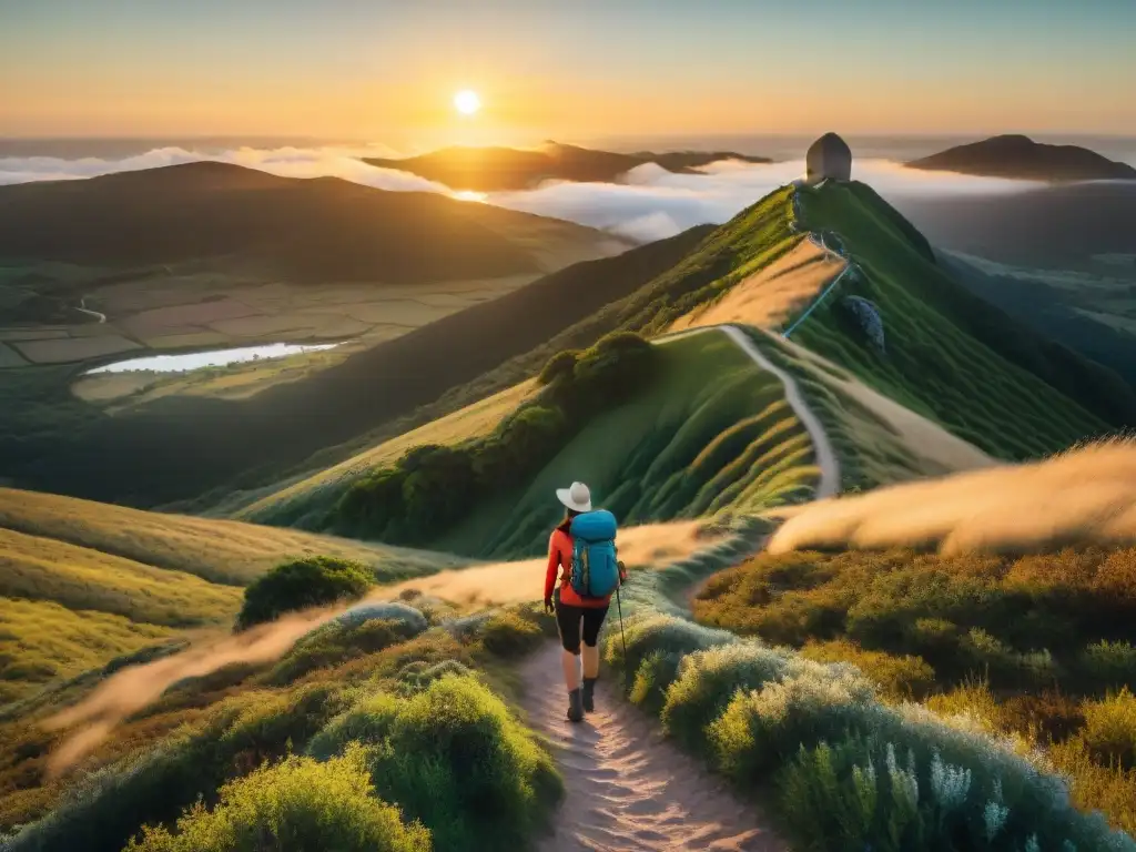 Un grupo de excursionistas disfruta de las caminatas en Uruguay, rodeados de naturaleza exuberante y montañas majestuosas al atardecer