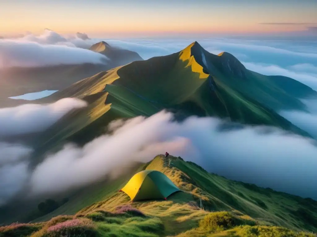 Grupo de excursionistas en la cima de la montaña al amanecer, con tiendas de colores y tecnología outdoor