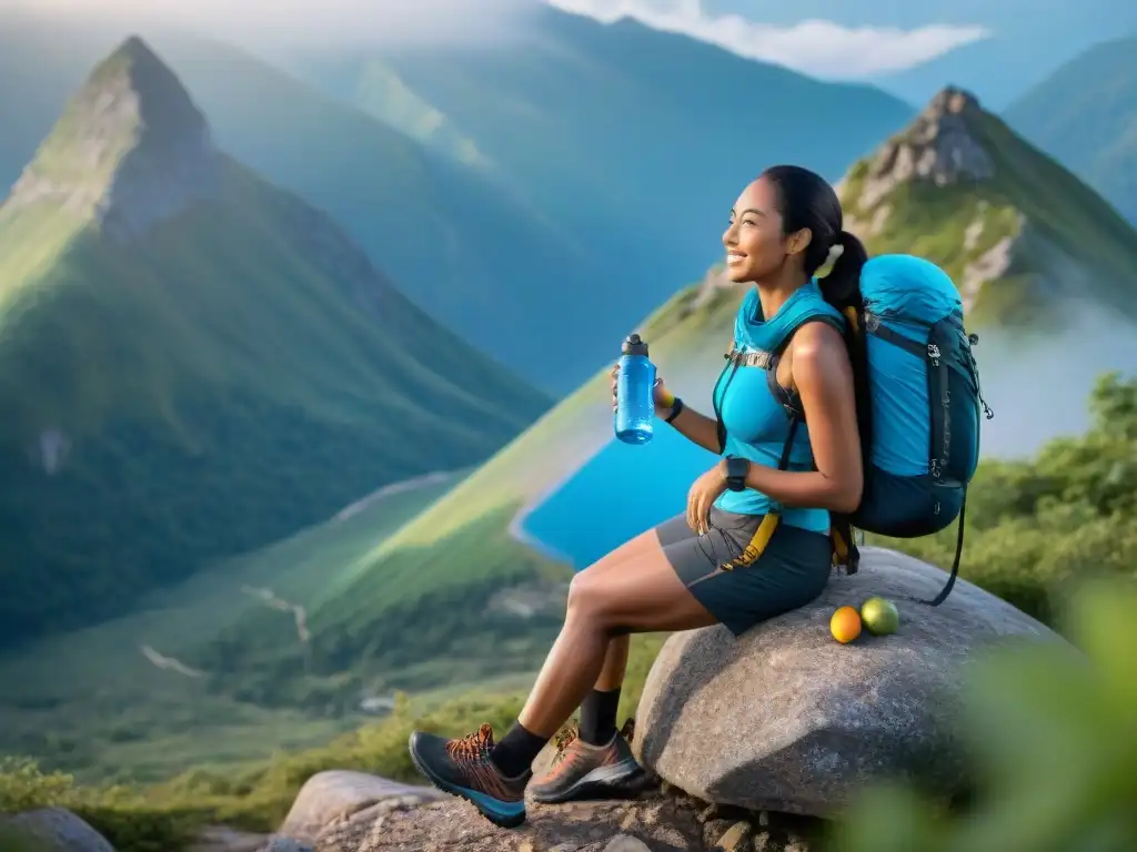 Grupo de excursionistas con gadgets de actividades al aire libre en Uruguay, disfrutando en la cima de la montaña