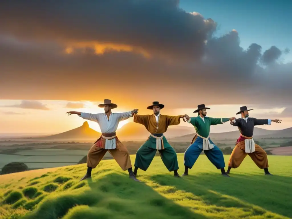 Un grupo de Gauchos en atuendo tradicional realizando ejercicios dinámicos al atardecer en el campo uruguayo