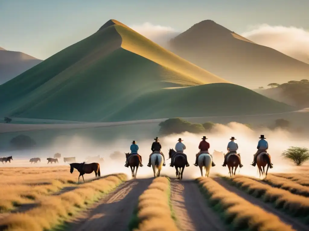 Un grupo de gauchos en caballo recorriendo las extensas y soleadas pampas