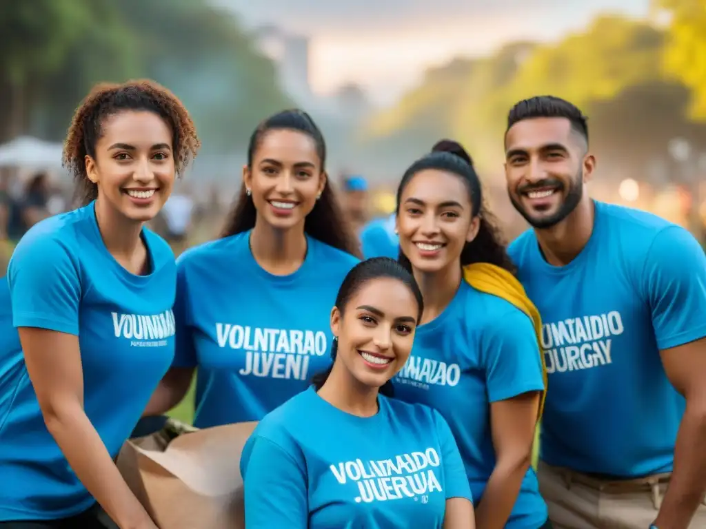 Grupo de jóvenes voluntarios uruguayos, unidos y apasionados, limpian un parque al atardecer