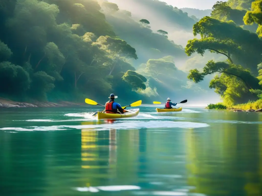 Un grupo de kayakistas remando en armonía por un río sereno en Uruguay, conectando con la naturaleza