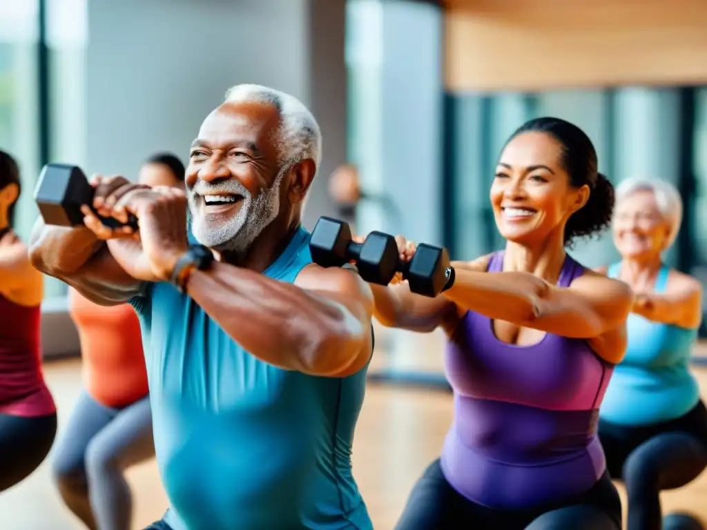 Grupo de mayores sonrientes haciendo ejercicio para fortalecer huesos en un gimnasio moderno y luminoso con suplementos premium