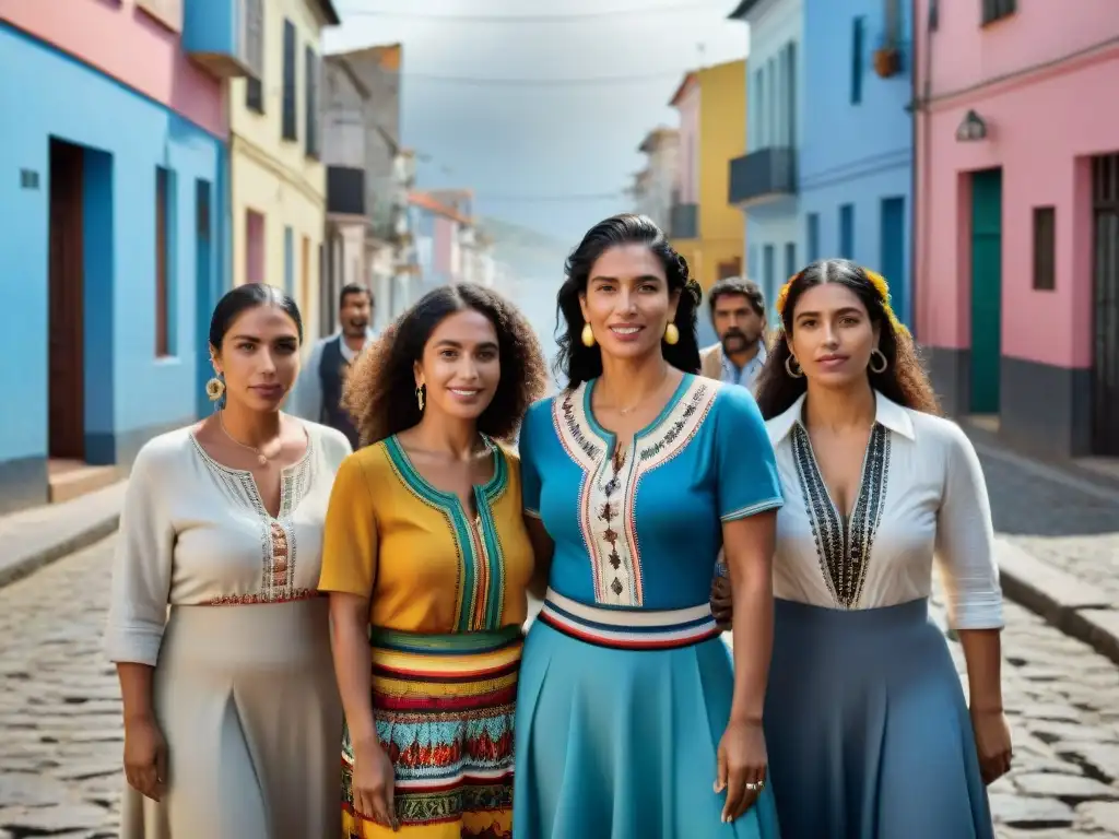 Un grupo de mujeres migrantes empoderadas en Uruguay, unidas y seguras, representando la diversidad cultural