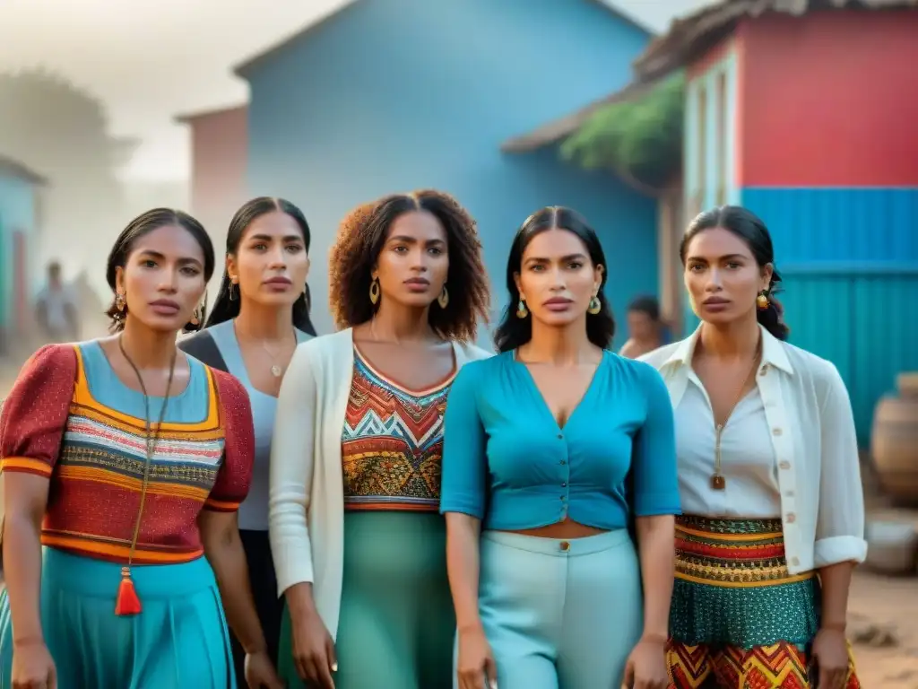 Un grupo de mujeres migrantes empoderadas en Uruguay, unidas y fuertes, representando diversidad y unidad