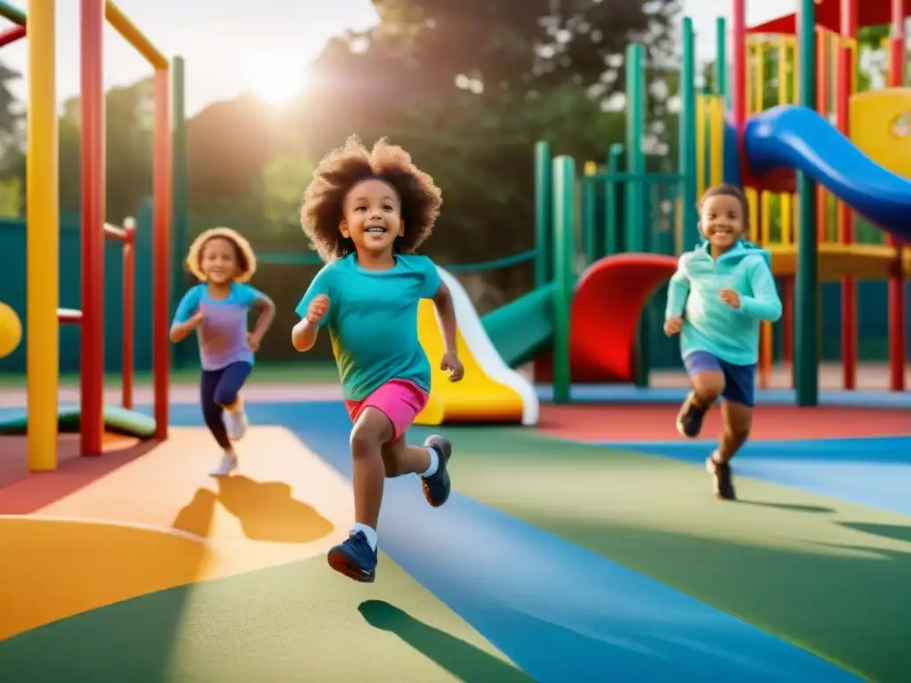 Un grupo de niños diversos disfruta de actividades fitness en un colorido y vibrante parque al atardecer, reflejando un estilo de vida activo niños