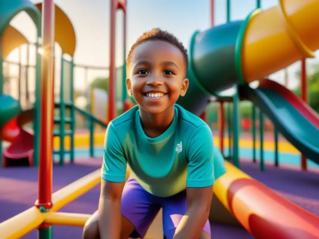 Grupo de niños felices y diversos jugando en un parque vibrante bajo el sol, promoviendo el estilo de vida activo niños