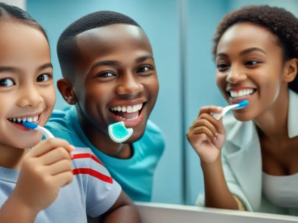 Un grupo de niños sonrientes se cepillan los dientes juntos en un baño escolar, destacando la importancia de la salud bucodental en Uruguay escuelas