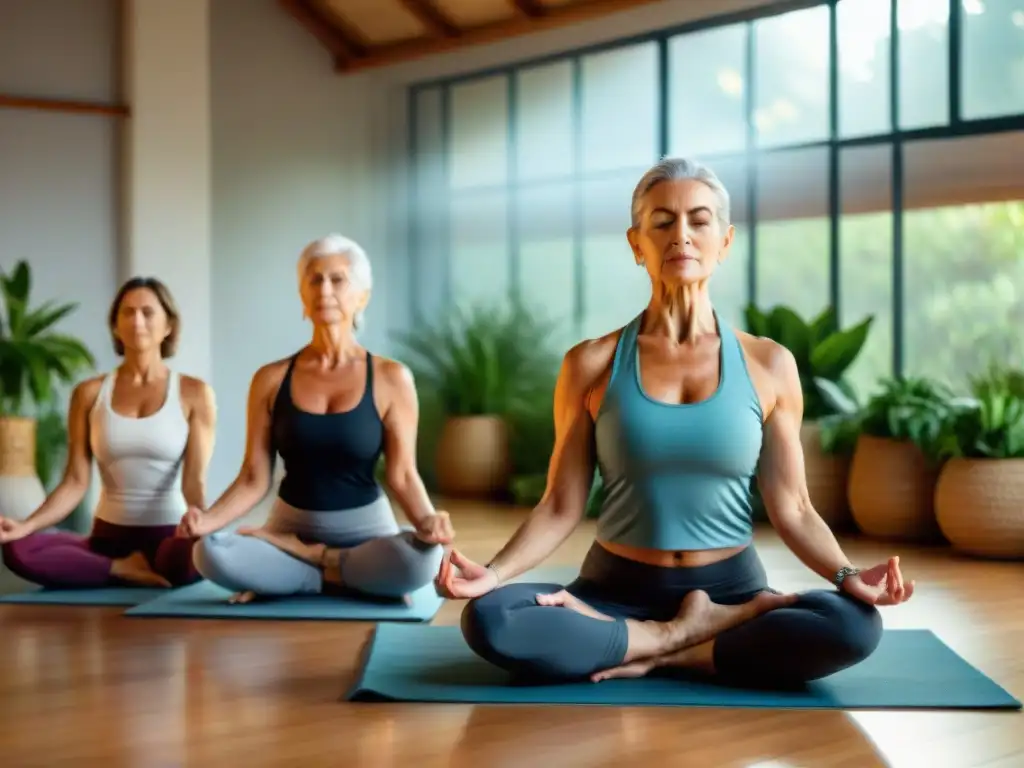 Grupo de personas mayores practicando yoga en un estudio sereno en Uruguay, demostrando bienestar integral para mayores