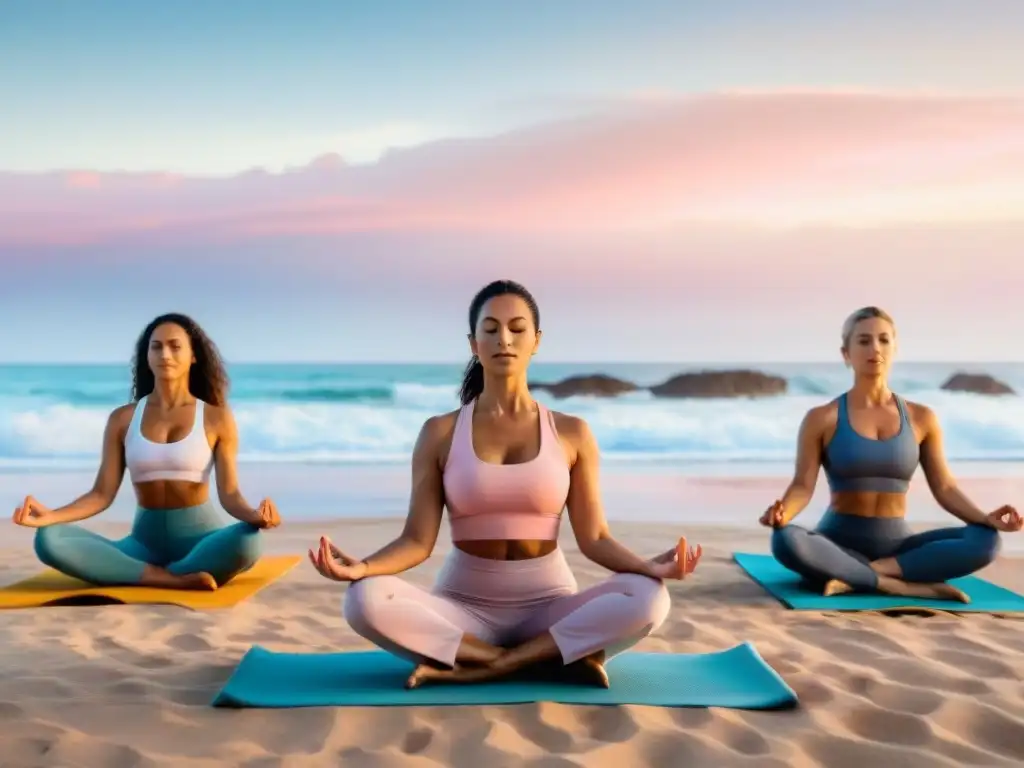 Grupo practica yoga al amanecer en playa de Uruguay