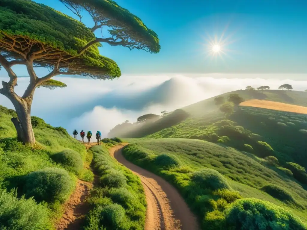 Un grupo de senderistas camina sonrientes por un sendero verde en Uruguay