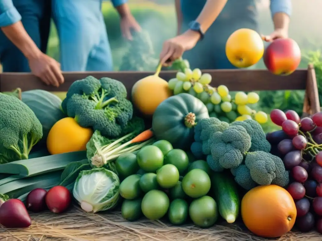 Grupo variado en Uruguay disfruta actividades al aire libre bajo el sol, rodeados de frutas y verduras, vital para prevenir enfermedades