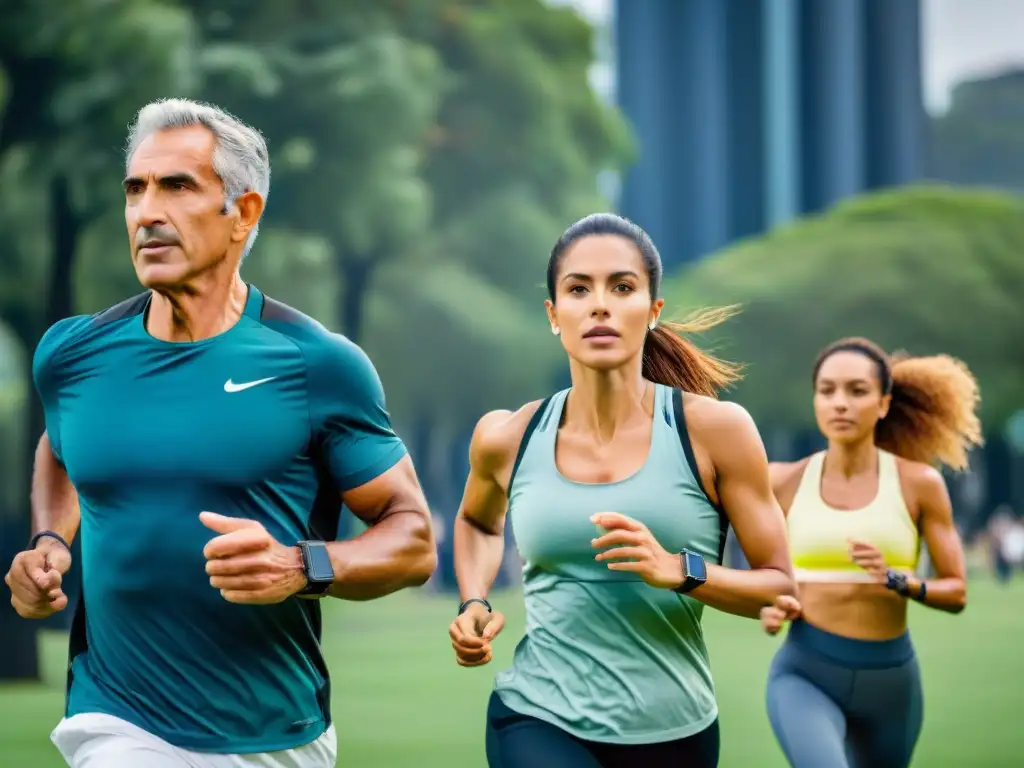 Grupo variado haciendo ejercicio al aire libre en Uruguay con gadgets fitness