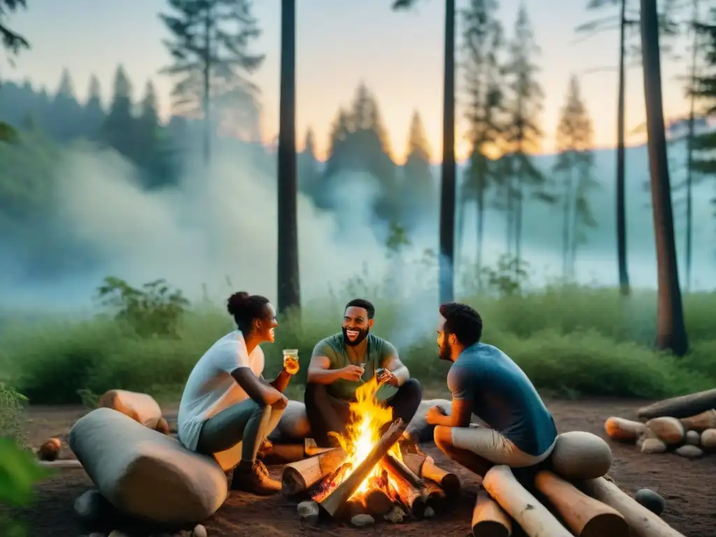 Grupo variado en fogata en bosque frondoso al atardecer, compartiendo historias y risas