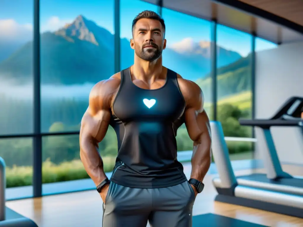 Grupo diverso con tecnología fitness en gimnasio futurista Un grupo variado de personas con wearables de fitness modernos frente a un gimnasio futurista