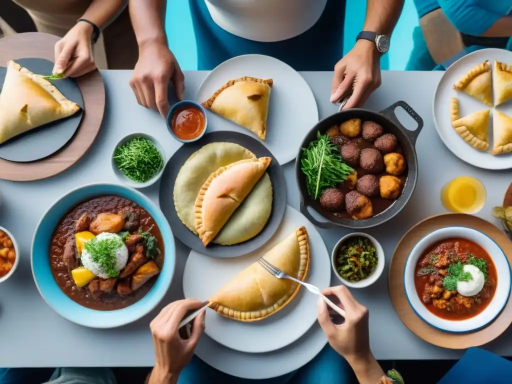 Grupo variado disfrutando platos tradicionales en Uruguay, resaltando la sensibilidad alimentaria en Uruguay