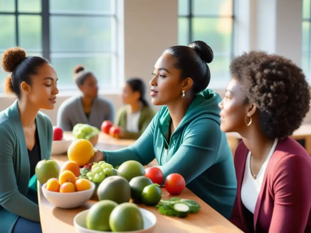 Grupo variado en taller de alimentación consciente en Uruguay, con frutas y verduras frescas