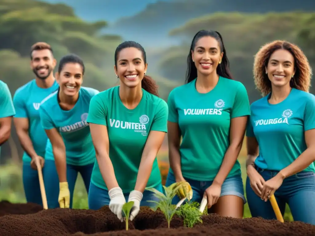 Un grupo de voluntarios diversos plantando árboles en un bosque de Uruguay, demostrando unidad y dedicación al voluntariado ambiental en Uruguay