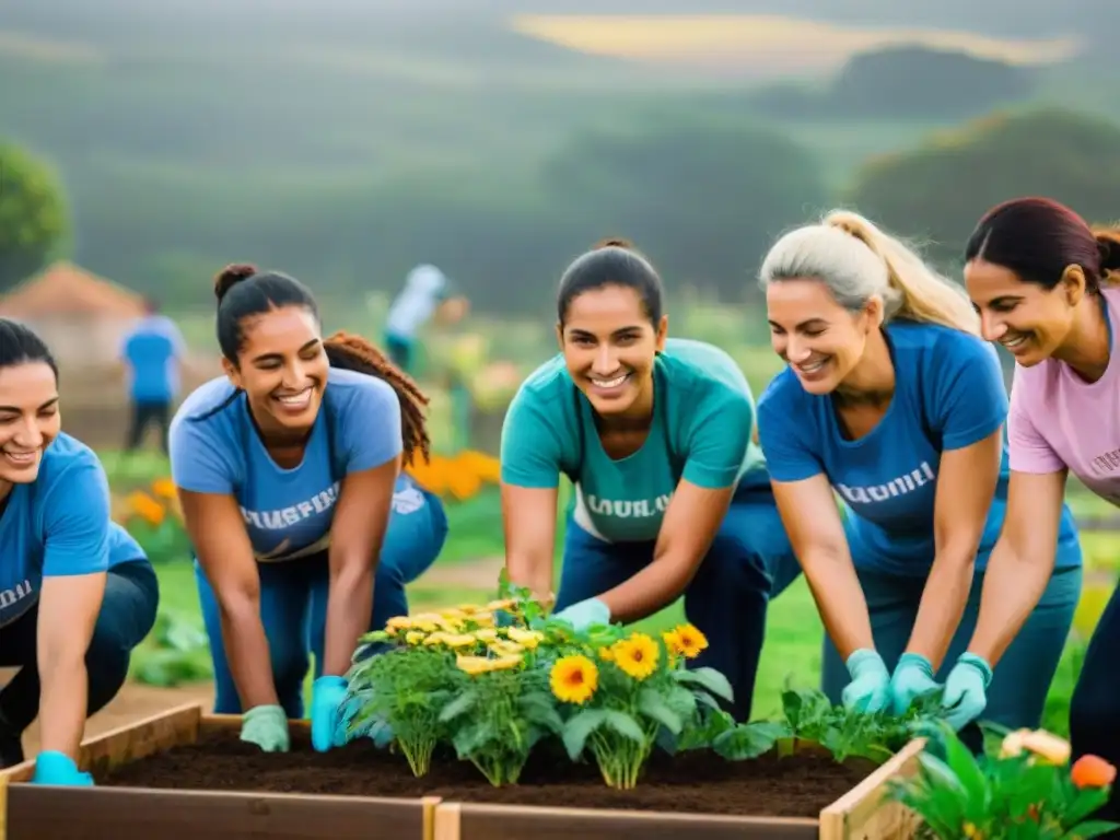 Un grupo de voluntarios diversos trabajando juntos en un huerto comunitario al atardecer en Uruguay