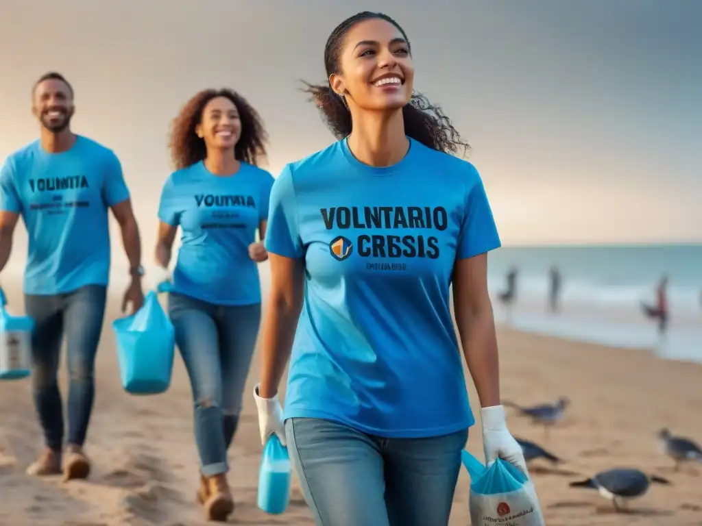 Un grupo de voluntarios diversos limpia una playa al atardecer en Uruguay, mostrando el Voluntariado en tiempos de crisis