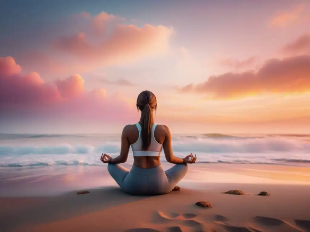 Grupo practicando yoga al atardecer en la playa de Uruguay, transmitiendo equilibrio entre vida social y bienestar