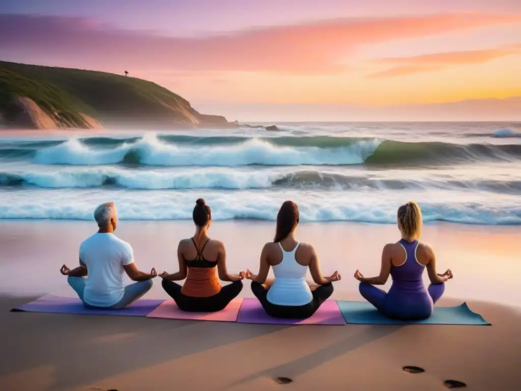 Grupo practicando yoga en la playa de Uruguay al atardecer, transmitiendo serenidad y los beneficios del yoga y Tai Chi en Uruguay