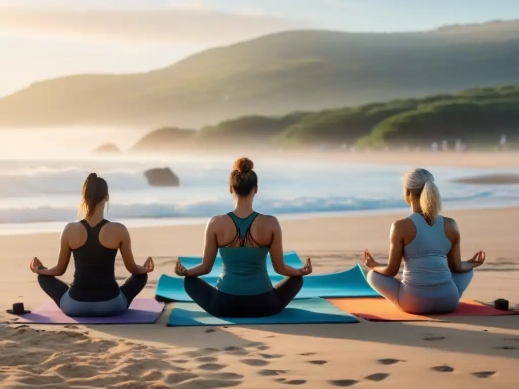 Grupo practicando yoga en la playa al amanecer en Uruguay, con mats de colores y el mar de fondo