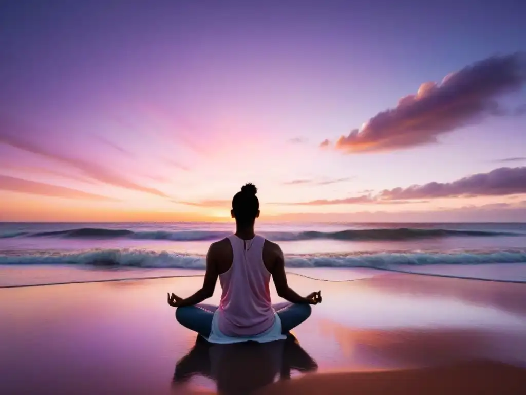 Meditación guiada para uruguayos: Persona meditando en playa al atardecer, con olas suaves y cielo rosa, naranja y morado