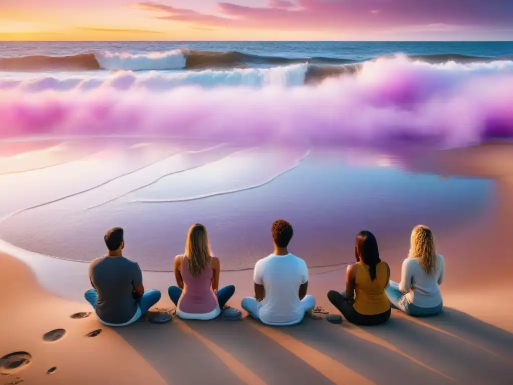 Meditación guiada para uruguayos en una playa al atardecer, con personas practicando juntas en la arena, rodeadas de paz y luz