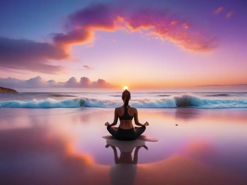 Meditación guiada para uruguayos: playa serena al atardecer, persona meditando en la arena con luz de paz y tranquilidad