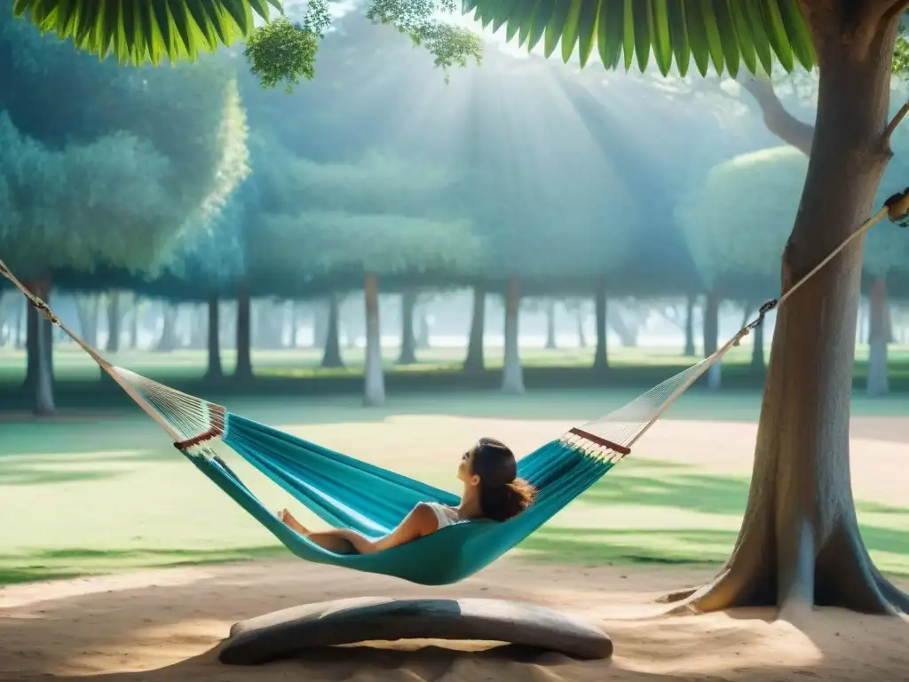 Descansa en la hamaca en un parque verde de Uruguay, disfrutando de los beneficios de la siesta uruguaya salud