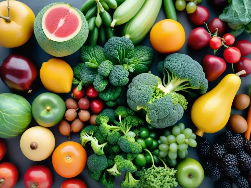 Una hermosa combinación de alimentos para bienestar, con frutas y verduras coloridas y frescas dispuestas en un patrón atractivo