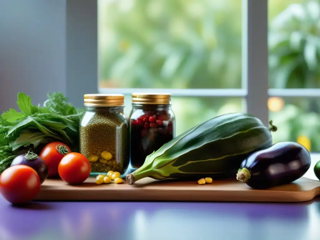 Una hermosa composición de ingredientes frescos de la Dieta Atlántica Uruguaya, en una mesa de madera iluminada por luz natural